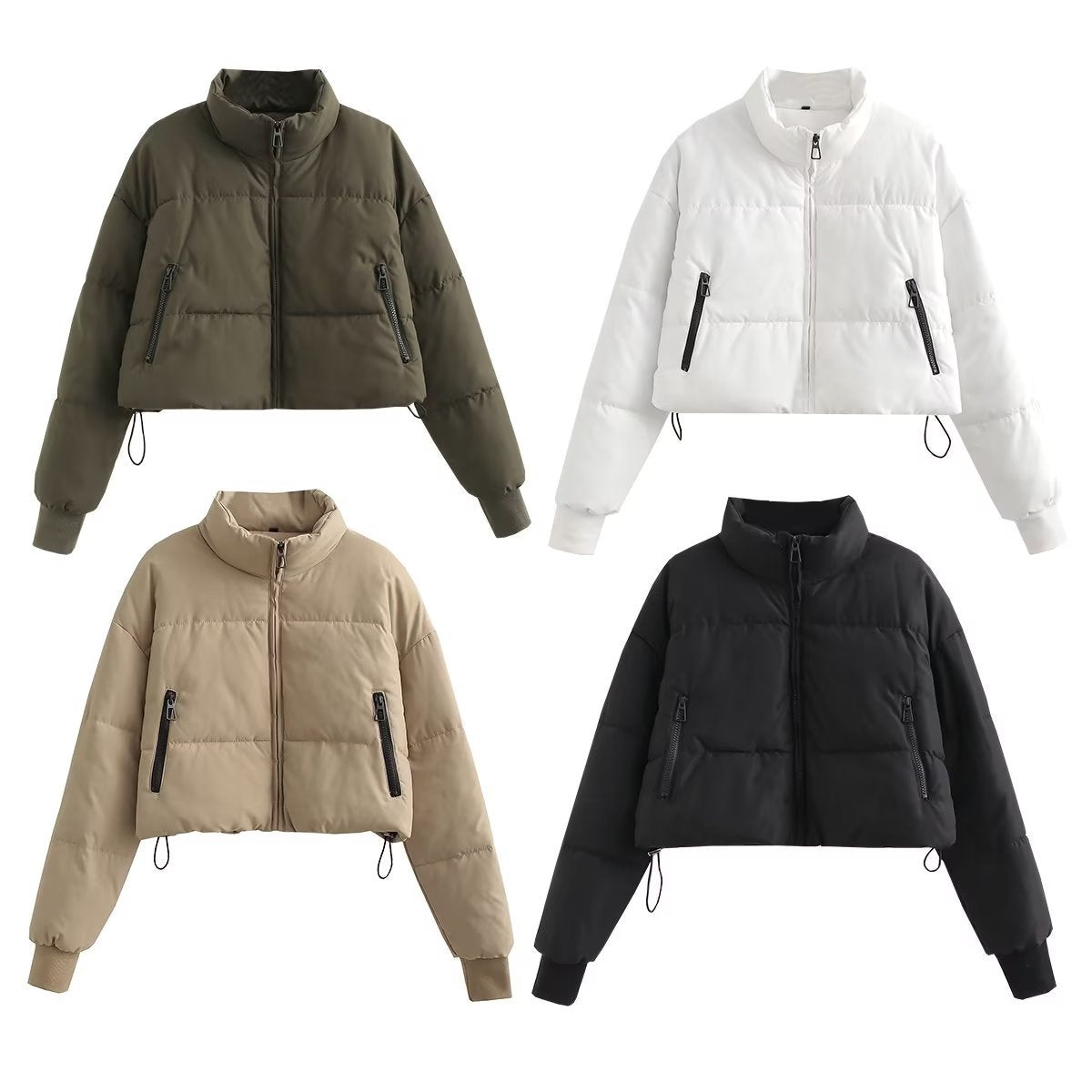 Women's Cropped Puffer Jacket with High Collar and Zipper Pockets