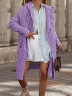 Women's Chunky Knit Cardigan with Hood and Cable Design