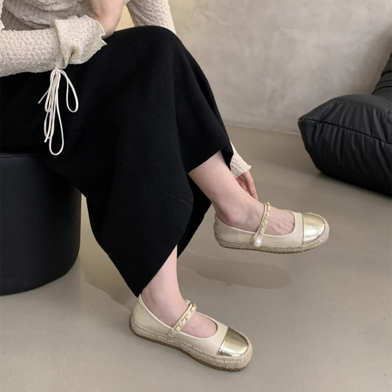 Women's Ballet Flats with Decorative Chain Strap and Pearl Accent