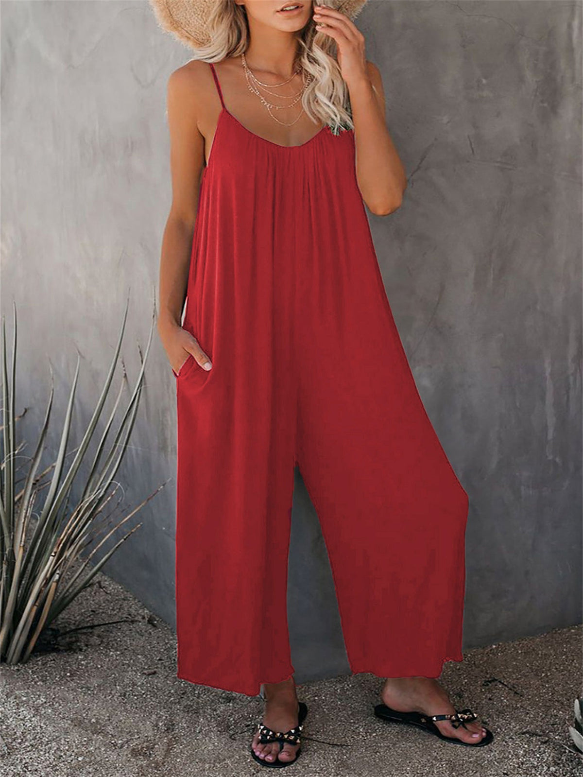 Women's Casual Summer Jumpsuit with Deep Neckline and Pockets