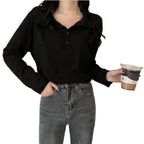 Women's Long-Sleeve Henley Shirt with Modern Collar and Button Placket