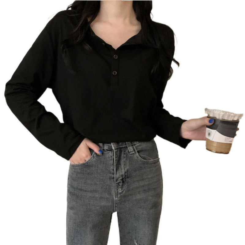 Women's Long-Sleeve Henley Shirt with Modern Collar and Button Placket