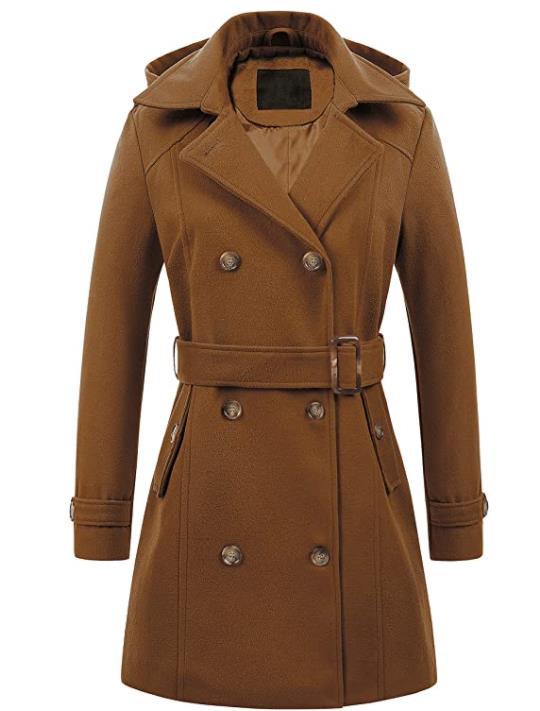 Women's Elegant Peacoat with Double-Breasted Button Placket and Waist Belt