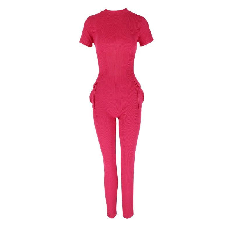 Women's Form-Fitting Jumpsuit with High Collar and Side Pockets