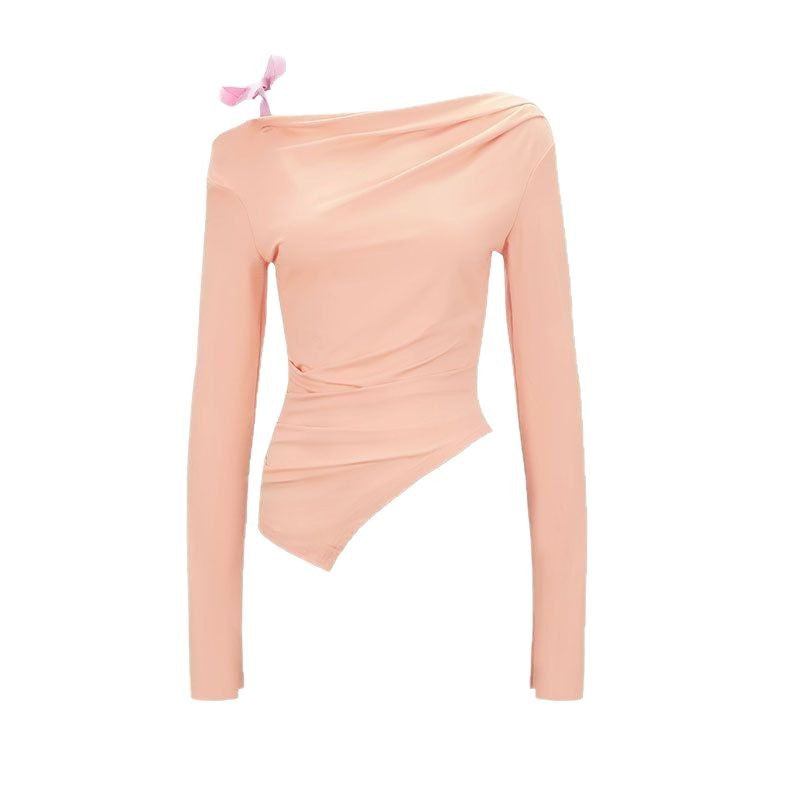Women's Asymmetrical Long-Sleeve Top with Decorative Bow