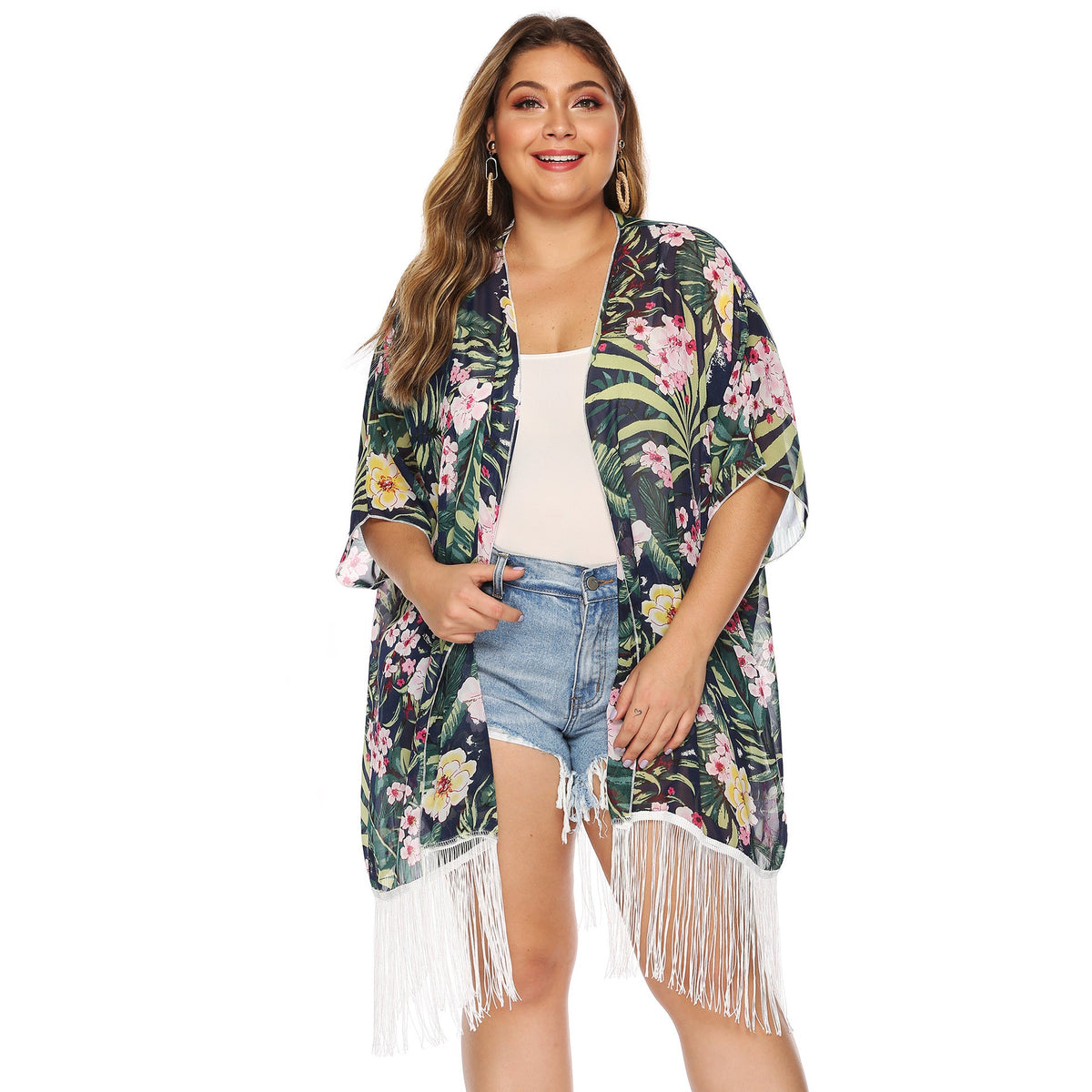 Women's Airy Beach Kimono with Fringed Accents