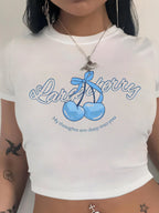 Women's Crop T-Shirt with Fruity Cherry Design and Loose Cut
