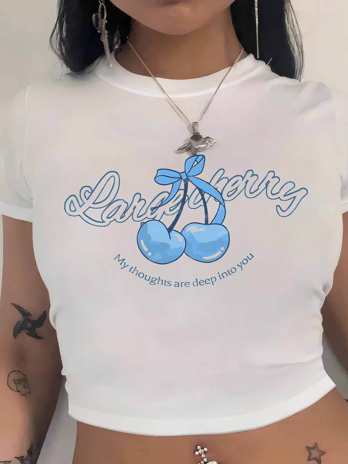 Women's Crop T-Shirt with Fruity Cherry Design and Loose Cut