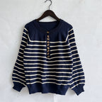 Women's Striped Knit Sweater with Button Details and Casual Fit