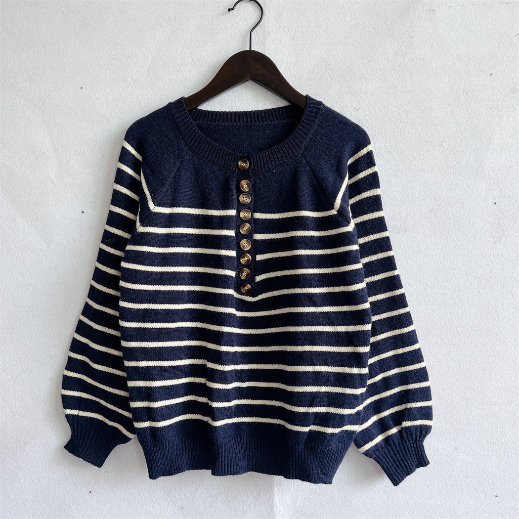 Women's Striped Knit Sweater with Button Details and Casual Fit