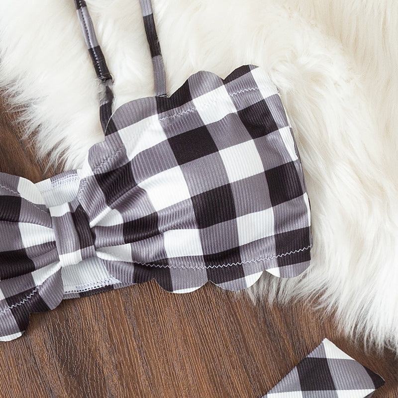 Women's Bandeau Bikini with Elegant Ruffle Detail and Plaid Pattern