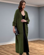 Women's Chunky Knit Coat with Practical Pockets and Elegant V-Neck
