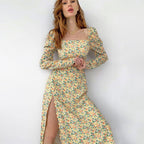 Women's Floral Maxi Dress with Asymmetric Slit and Puff Sleeves