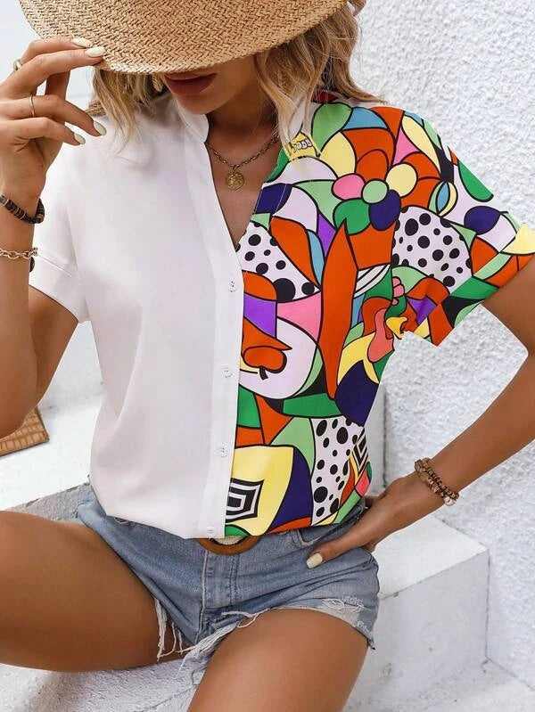 Women's Button-Up Blouse with Artistic Asymmetric Design