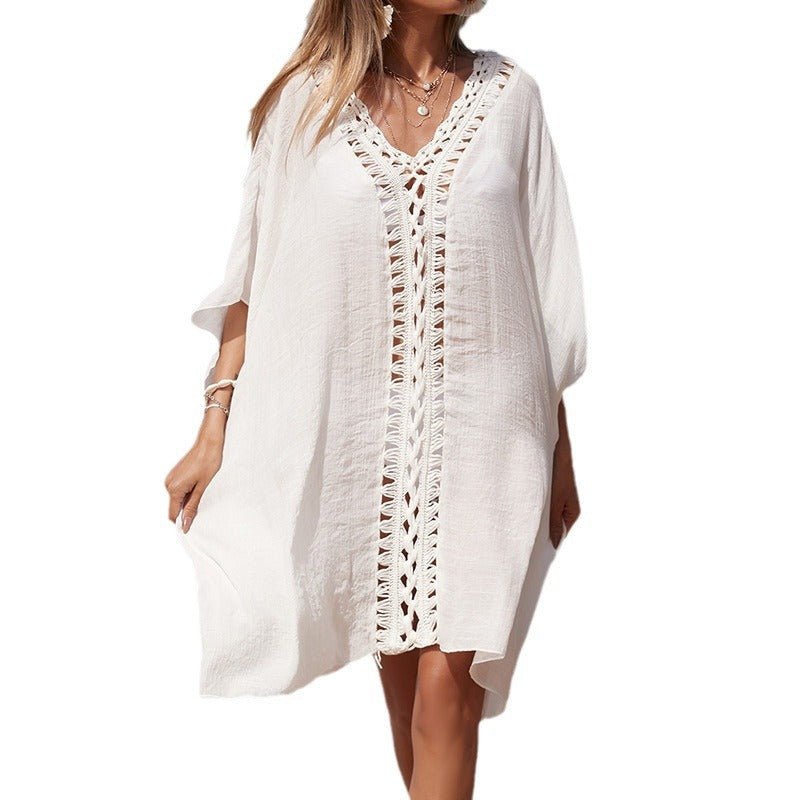 Women's Elegant Beach Poncho with Crochet Accents and Deep V-Neck