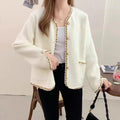 Women's Elegant Cardigan with Decorative Pearl Buttons and Fine Texture