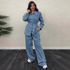 Women's Denim Jumpsuit with Elegant Belt and Wide Leg