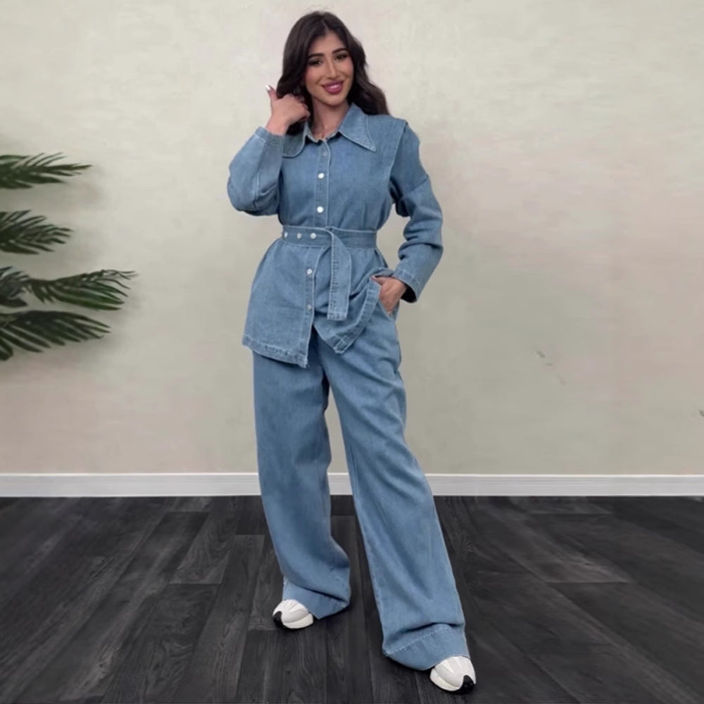 Women's Denim Jumpsuit with Elegant Belt and Wide Leg