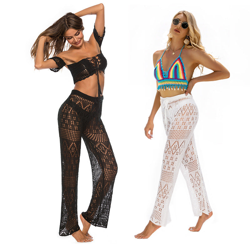 Women's Wide-Leg Crochet Beach Pants with Openwork Design