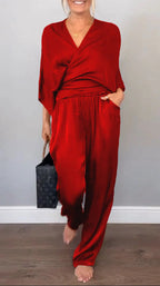 Women's Elegant Wrap Top with Wide Cut and Matching Palazzo Pants