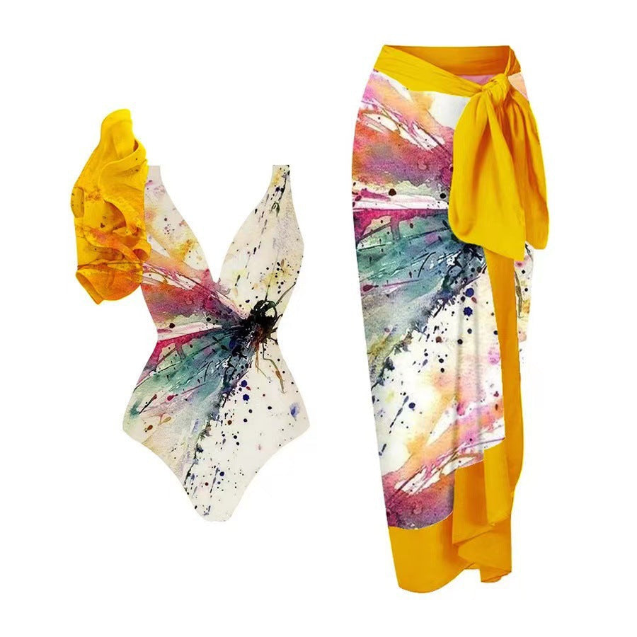 Women's Swimsuit Set with Floral Design and Elegant Wrap Skirt