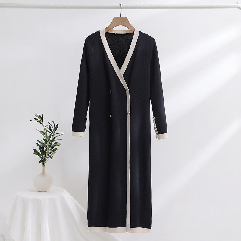 Women's Elegant Knit Coat with Button Details and V-Neck