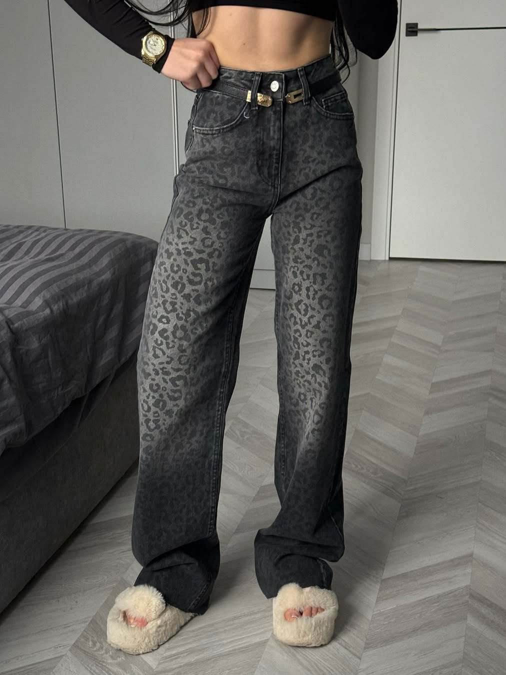 Women's High-Waist Leopard Print Jeans