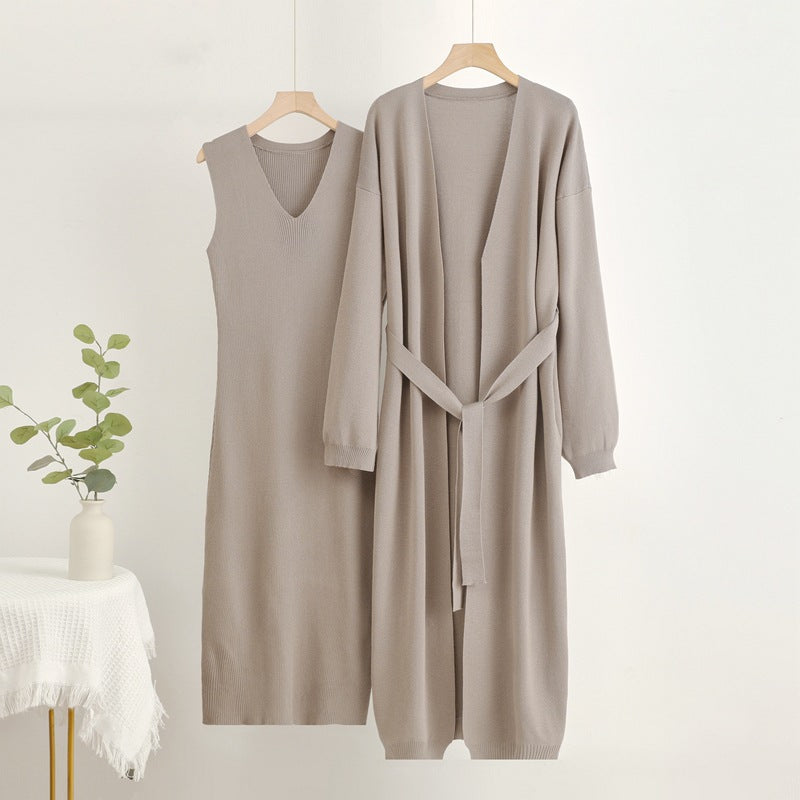 2-Piece V-Neck Dress and Cardigan Set