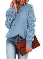 Women's Elegant Knit Sweater with Airy Crochet Texture and Wide Sleeves
