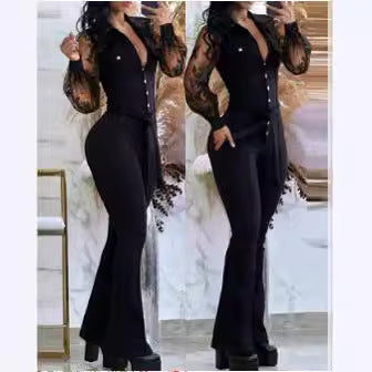 Elegant Overall with Sheer Sleeves and Fitted Cut