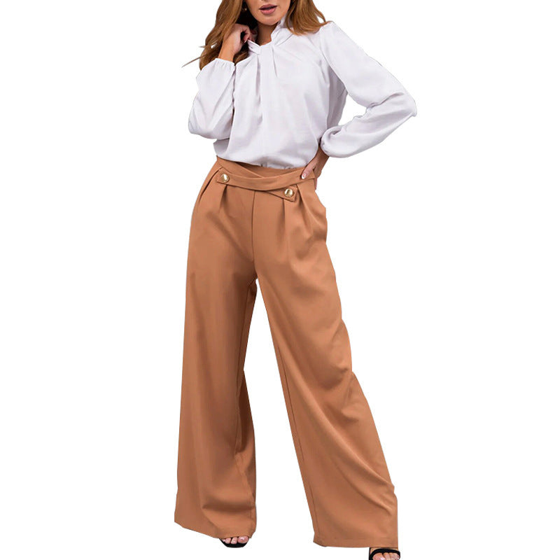 Women's Elegant Blouse with Bow Collar and Wide-Leg Trousers