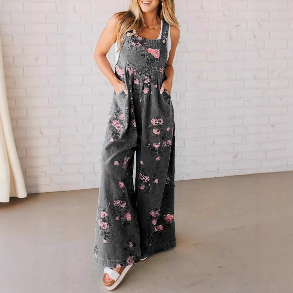 Women's Casual Denim Jumpsuit with Floral Print and Wide Legs