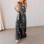 Women's Casual Denim Jumpsuit with Floral Print and Wide Legs