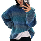 Women's Fluffy Sweater with Textured Gradient and Loose Fit