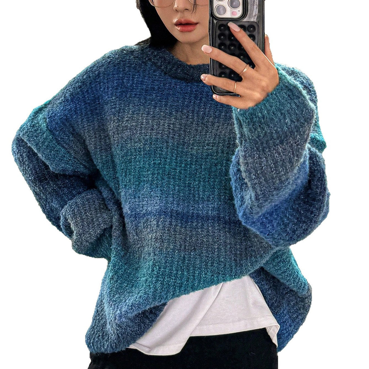Women's Fluffy Sweater with Textured Gradient and Loose Fit