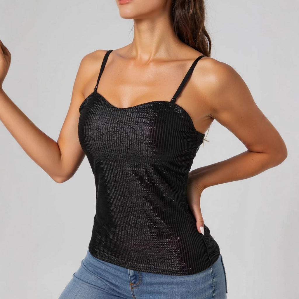 Women's Elegant Spaghetti Strap Shirt with Luxurious Sequins and Fine Rib Knit