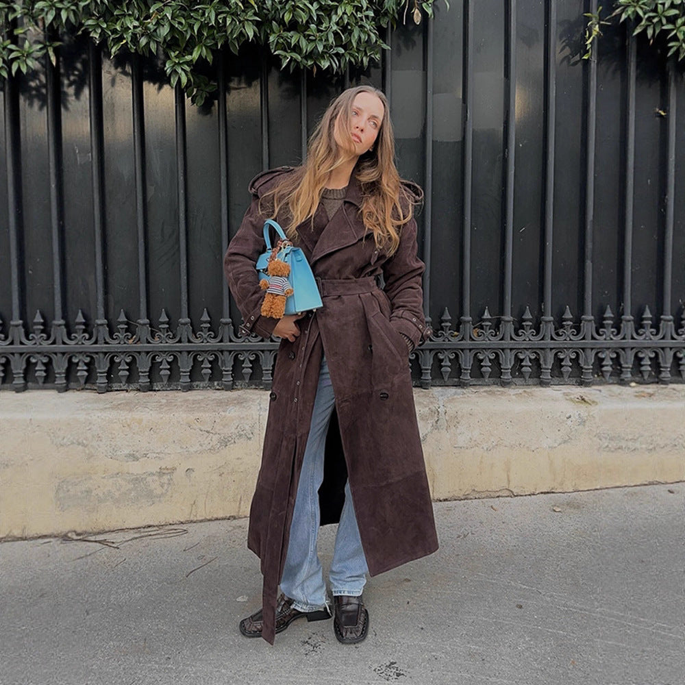 Women's Suede Trench Coat with Wide Collar