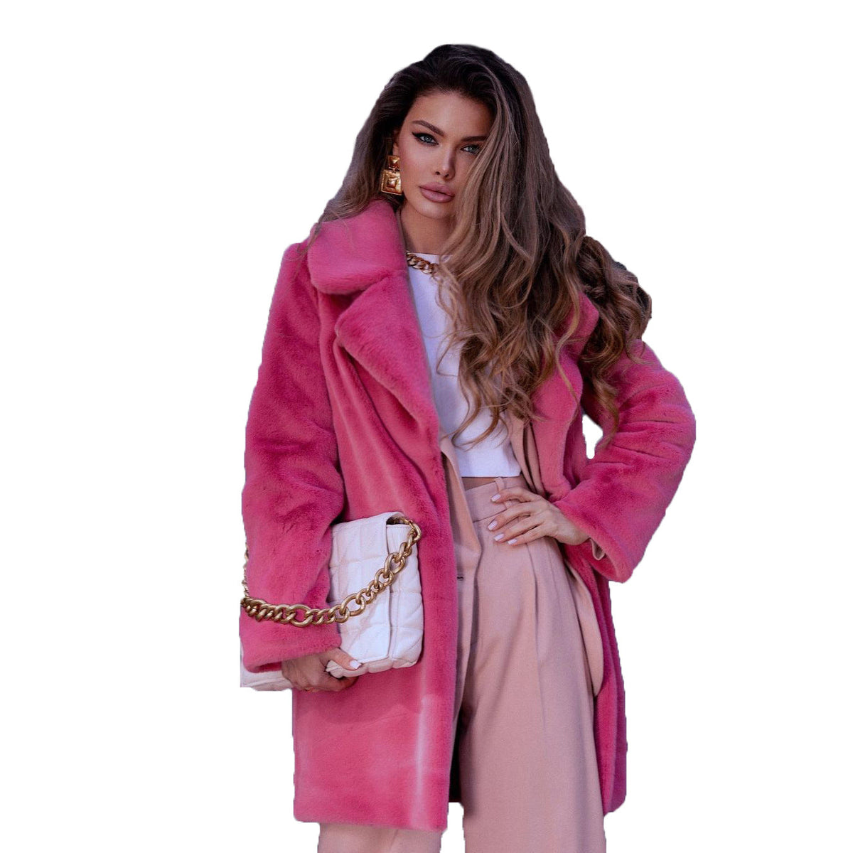 Women's Elegant Faux Fur Coat with Wide Lapel and Loose Fit