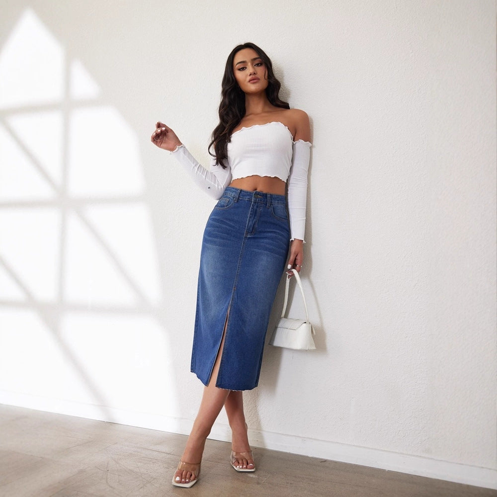 Women's Midi Denim Skirt with Slit and Casual A-Line Cut