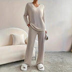 Comfortable Ribbed Knit Set with V-Neck