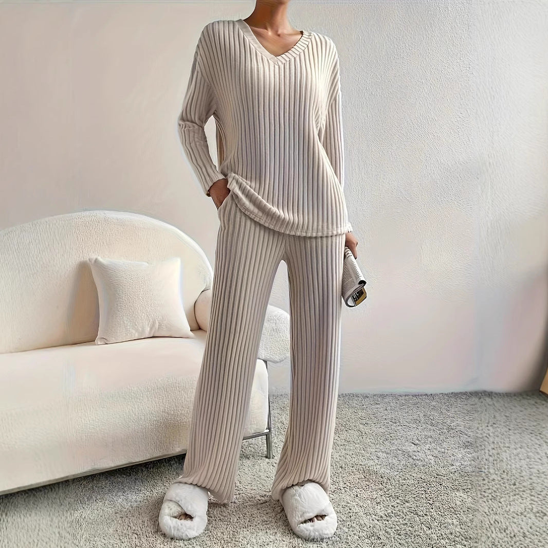 Comfortable Ribbed Knit Set with V-Neck