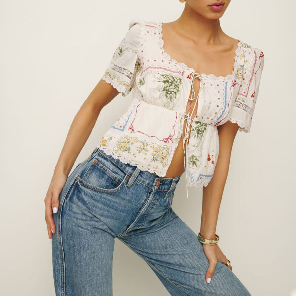 Women's Blouse with Floral Accents and Lace Trim