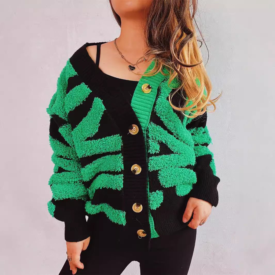Women's Chunky Knit Cardigan with Pattern Mix and Elegant Button Details