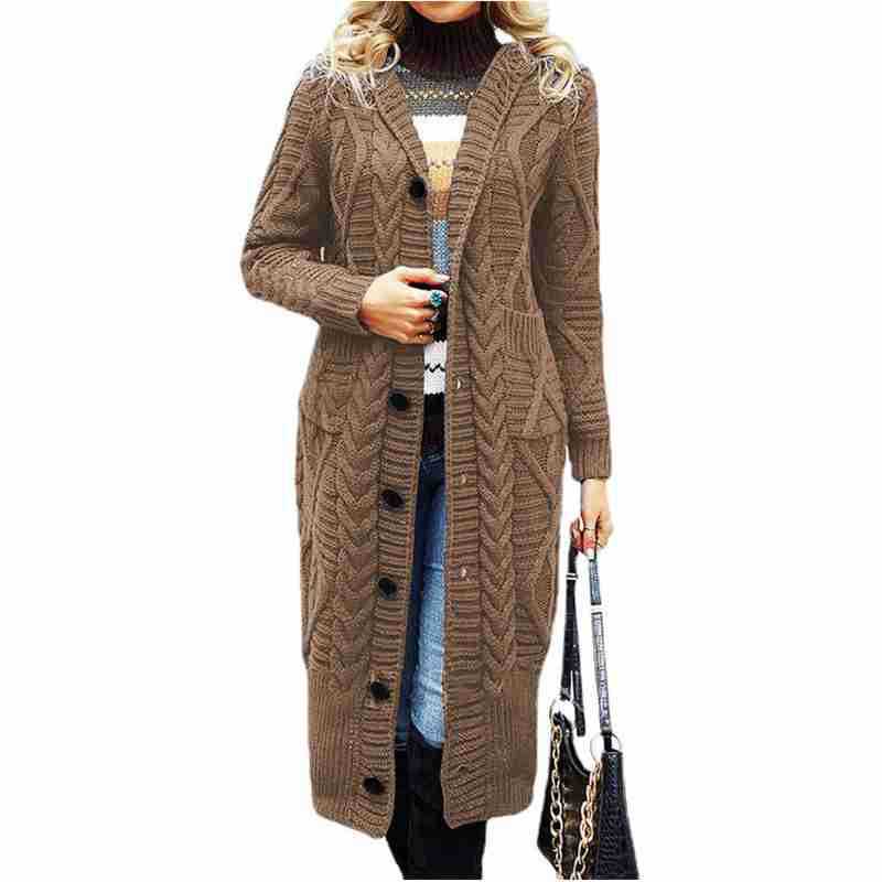 Elegant Women's Knit Coat with Deep V-Neck and Cable Knit Pattern