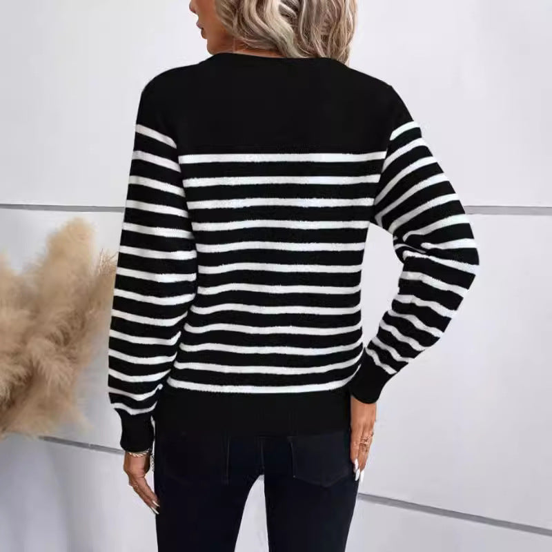 Women's Striped Sweater with Decorative Button Details and Round Neckline
