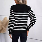 Women's Striped Sweater with Decorative Button Details and Round Neckline