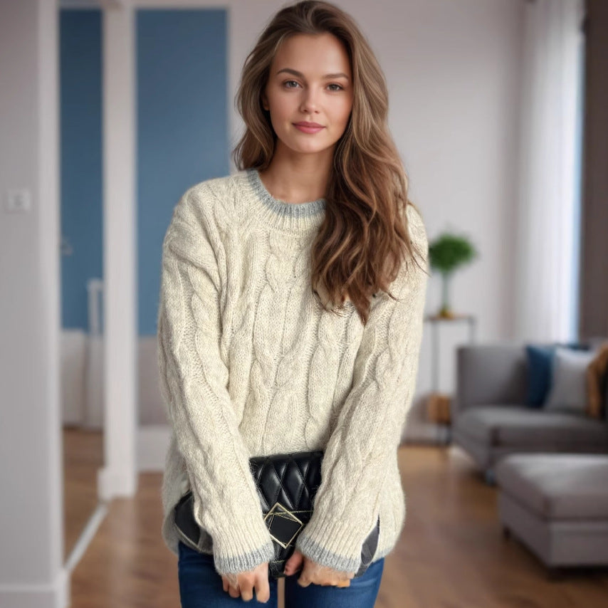 Women's Chunky Knit Sweater with Unique Cable Pattern and Relaxed Fit