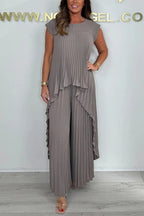 Women's Casual Pleated Pantsuit with Overlapping Top