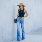 Women's Flared Jeans with Distressed Details and High Waist