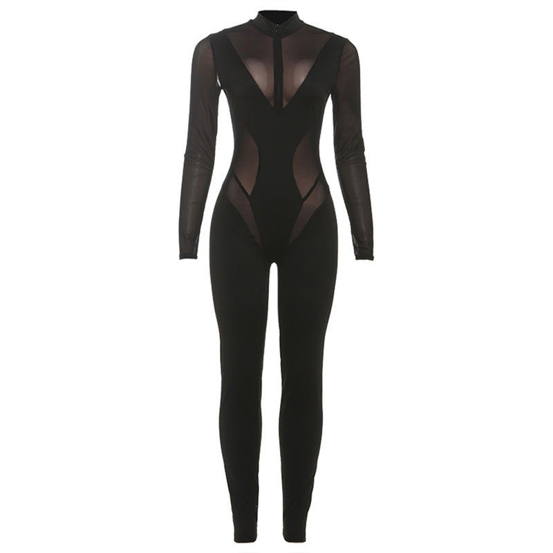 Women's Bodysuit with Sheer Inserts and Figure-Hugging Cut